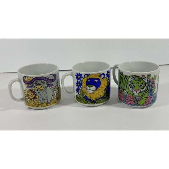 SI Japan Coffee Cup Mugs Tiger Lion Water Buffalo Animals Vintage Retro Drink - Picture 2 of 11